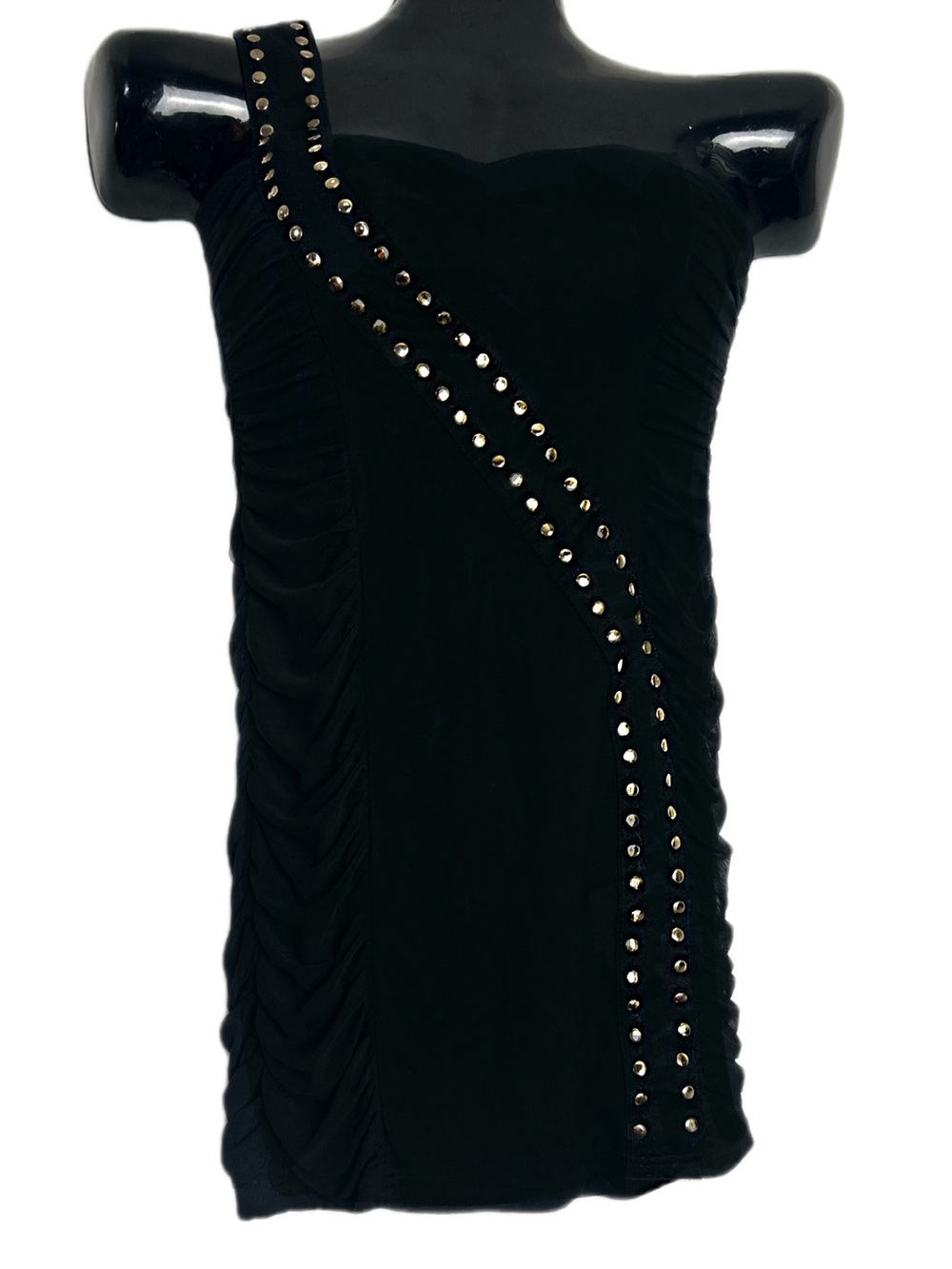 Black ruched one-shoulder mini dress featuring diagonal line of metallic Studs